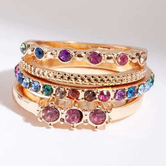 Lovisa Jewelry - LOVISA 3pc CONTEMPORARY GOLD/RAINBOW CZ RING SET SZ 7**NEW!